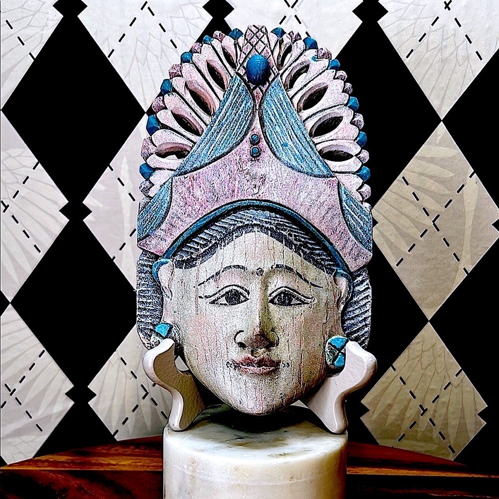 Vintage Handcrafted Balinese Mask – Goddess with Earrings, Stand Included,‎ Wood